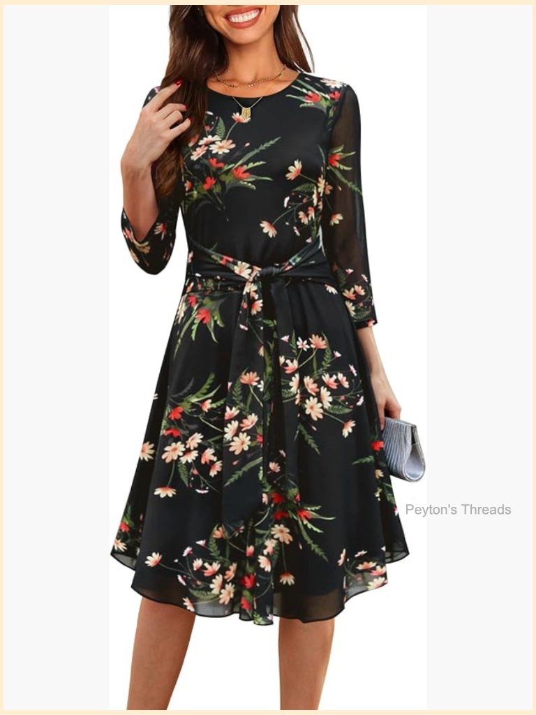 3/4 Sleeve Floral Mesh Midi Dress With Belt Cocktail Wedding Guest